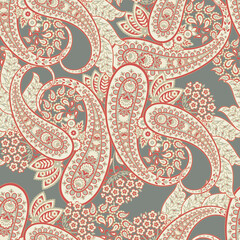 Paisley seamless pattern. Fantastic flower, leaves. Batik style painting. Vintage background