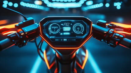 Futuristic motorcycle dashboard with glowing digital display.