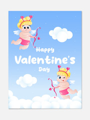  Logo love is in the air for Valentine's Day. Vertical card with cute angels cupids with bow and arrows on a blue background with clouds. Vector illustration