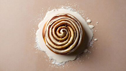 Close-up of a cinnamon roll on a neutral background, top view, flat lay