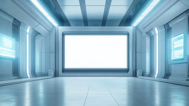 Futuristic spaceship corridor with blank screen.