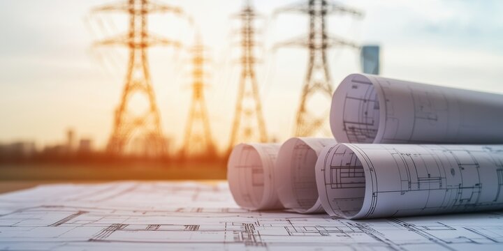 Blueprints laid on the ground with power lines in the background, illustrating construction plans and energy infrastructure.
