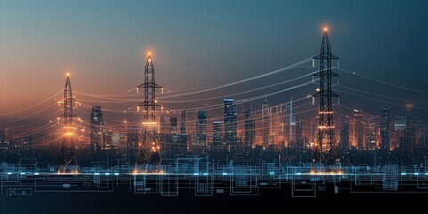 Fototapeta premium A skyline featuring illuminated power lines and city buildings against a twilight backdrop, showcasing energy production and urban development.