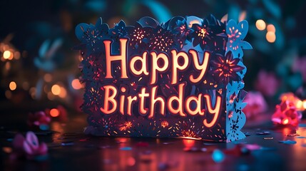 A magical multi-layered kirigami pop-up card, with each layer forming the letters of "Happy Birthday" glowing metallic edges, intricate patterns, and vibrant confetti accents, hd quality,
