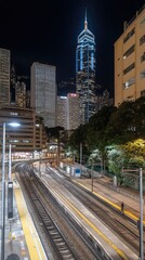 Fototapeta premium skyline glows at night with high-rise buildings illuminated, while trains create light trails along the railway tracks