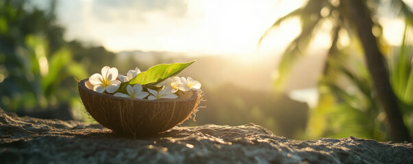 coconut shell filled with tropical flowers and green leaf, set against serene sunset backdrop. warm light enhances natural beauty of scene