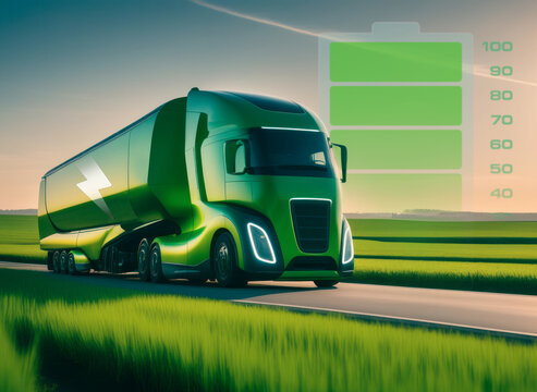 Futuristic electric truck driving down a road. Green mobility and sustainability environment concept