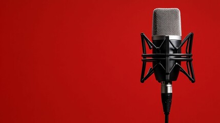 close up of a microphone on red background