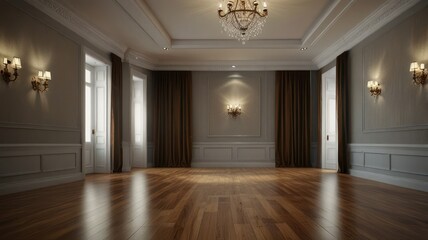 Fototapeta premium Empty classic interior with wooden floor, chandelier, and wall lamps.