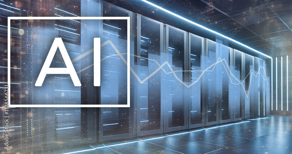 Wall mural datacenter with graphs and ai icons. cloud storage technology. artificial intelligence concept.