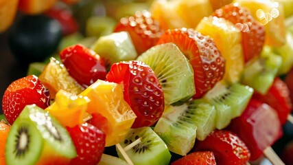 Skewer of fruit with a mix of strawberries, kiwi, and pineapple. The fruit is arranged in a colorful and appetizing way