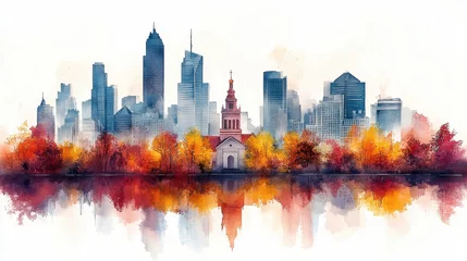 watercolor painting of a little church in a big city cityscape skyline