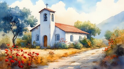 watercolor painting of a little church in africa