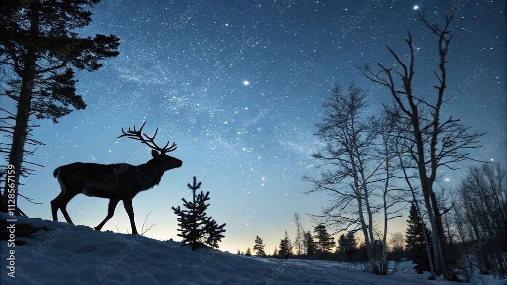 Poster a deer is walking through a snowy forest at night