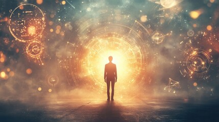 Fototapeta premium a person standing in a beam of light, surrounded by glowing symbols of creativity and ideas. 