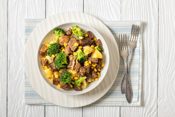 Beef Steak broccoli potato corn stew in bowl