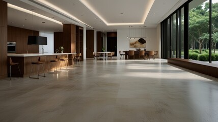 Modern open-plan kitchen, dining, and living area with large windows and natural light.