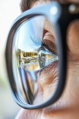 Obraz premium Reflection Of Building In Eyeglasses, Close Up Of Eye With Modern Spectacles, Vision Concept