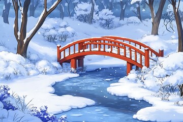 A snowy winter landscape with a wooden bridge, frozen lake, and snow-covered trees