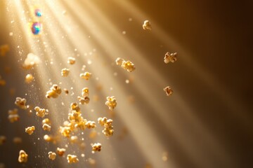 Golden Light Illuminates Falling Popcorn Pieces