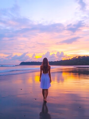 Fototapeta premium Woman in white dress walking on a serene beach at sunset.vertical