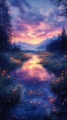 Serene Meadow at Dusk with Reflecting Stream