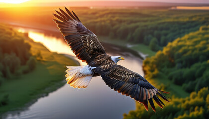 Fototapeta premium Free eagle in flight, brown and white, high above a winding river, sunset, lush greenery, reflecting the warm sunset hues, concept of freedom, symbol of America, bird, nature, wildlife