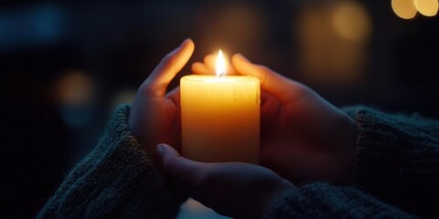 A woman holding a lit candle in cozy hands, enveloped in warm light.