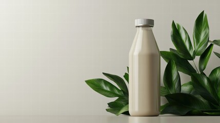 A Beige Glass Bottle with Lush Green Foliage, showcasing eco-friendly design and natural product concepts.
