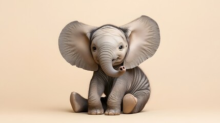A baby elephant calf with oversized ears sitting gently on a pale beige background trunk playfully curled.