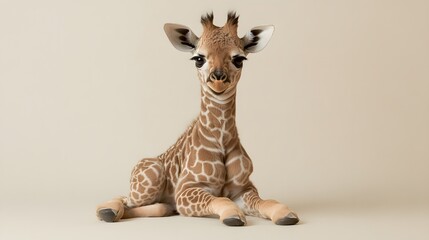 A baby giraffe with soft spotted fur sitting gracefully on a pale cream background gazing with wide eyes.