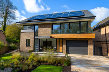 Fototapeta premium Modern House With Solar Panels Integrated Into Its Design, Sustainable Electricity Resource, Solar Cell Powered Clean Energy Photography