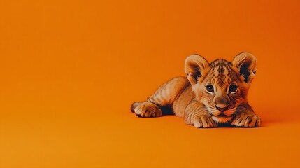 A baby lion cub lying down on a bright orange background looking mischievously into the camera.