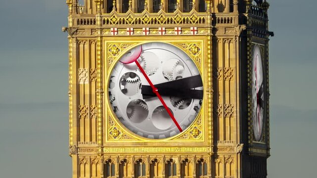 big ben clock in london, england with internal cogs and grears of mechanical clock 