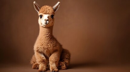 A baby llama with soft brown fur sitting gracefully on a chocolate brown background looking majestic yet cute.