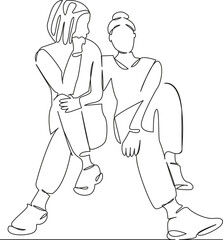 One continuous single drawing line art flat doodle teenage, girl, sitting, person, woman, lifestyle, friends, friendship, young. Isolated image hand draw contour on a white background, hand drawn, not