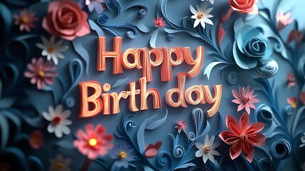A stunning kirigami card of "Happy Birthday" with letters encased in a dynamic floral frame, detailed with paper roses, daisies, and swirling vines, vibrant colors, glowing light creating depth,