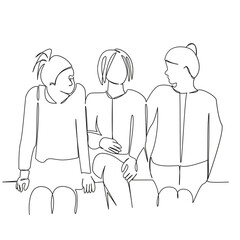 One continuous single drawing line art flat doodle lifestyle, friendship, person, fun, girl, happiness, woman, three, youth. Isolated image hand draw contour on a white background, hand drawn, not AI