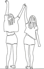 One continuous single drawing line art flat doodle person, friends, friendship, girl, best, 2, female, woman, joy, together. Isolated image hand draw contour on a white background, hand drawn, not AI