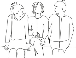 One continuous single drawing line art flat doodle lifestyle, friendship, person, fun, girl, happiness, woman, three, youth. Isolated image hand draw contour on a white background, hand drawn, not AI