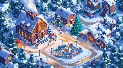 Isometric view of a luxurious winter estate covered in snow, perfect for the holiday season.