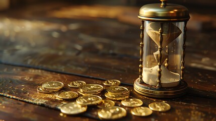 An hourglass sits on a wooden surface with gold coins.