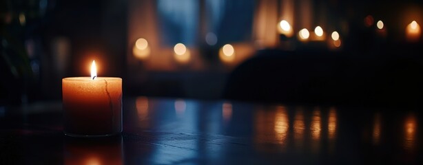 A glowing orange candle on a wooden table creates a serene atmosphere in a dimly lit room.