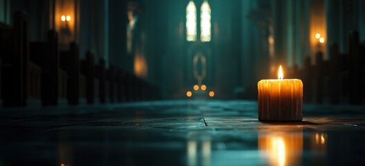 A solitary candle illuminates a quiet cathedral aisle, creating a serene atmosphere.