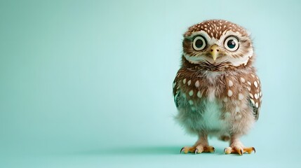 Obraz premium A baby owl with wide bright eyes perched on a pastel mint background tilting its head inquisitively.