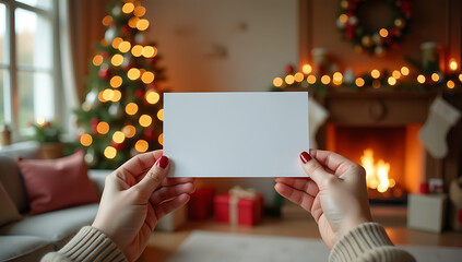 Cozy christmas scene with blank card in front of fireplace and decorated tree, Hand Holding Blank Paper Card Mockup and Envelope Over Blurred Table Background with Christmas Gift Boxes and Sparkling 