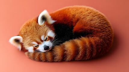 Obraz premium A baby red panda curled up on a bright coral background with its striped tail wrapped around its tiny body.