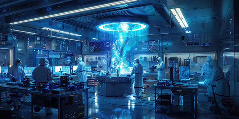 A group of scientists in a high tech laboratory is engaged in teleportation experiments. Header banner mockup with copy space.