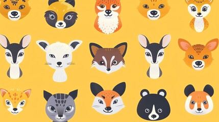 Obraz premium A cute pattern of animal faces on a yellow background.