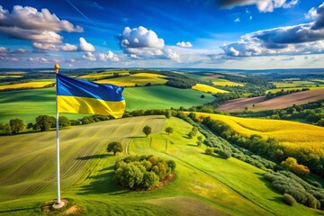 Aerial View of a Ukrainian Landscape with the Vibrant National Flag on the Side, Capturing the Essence of Freedom and Unity in Nature's Splendor